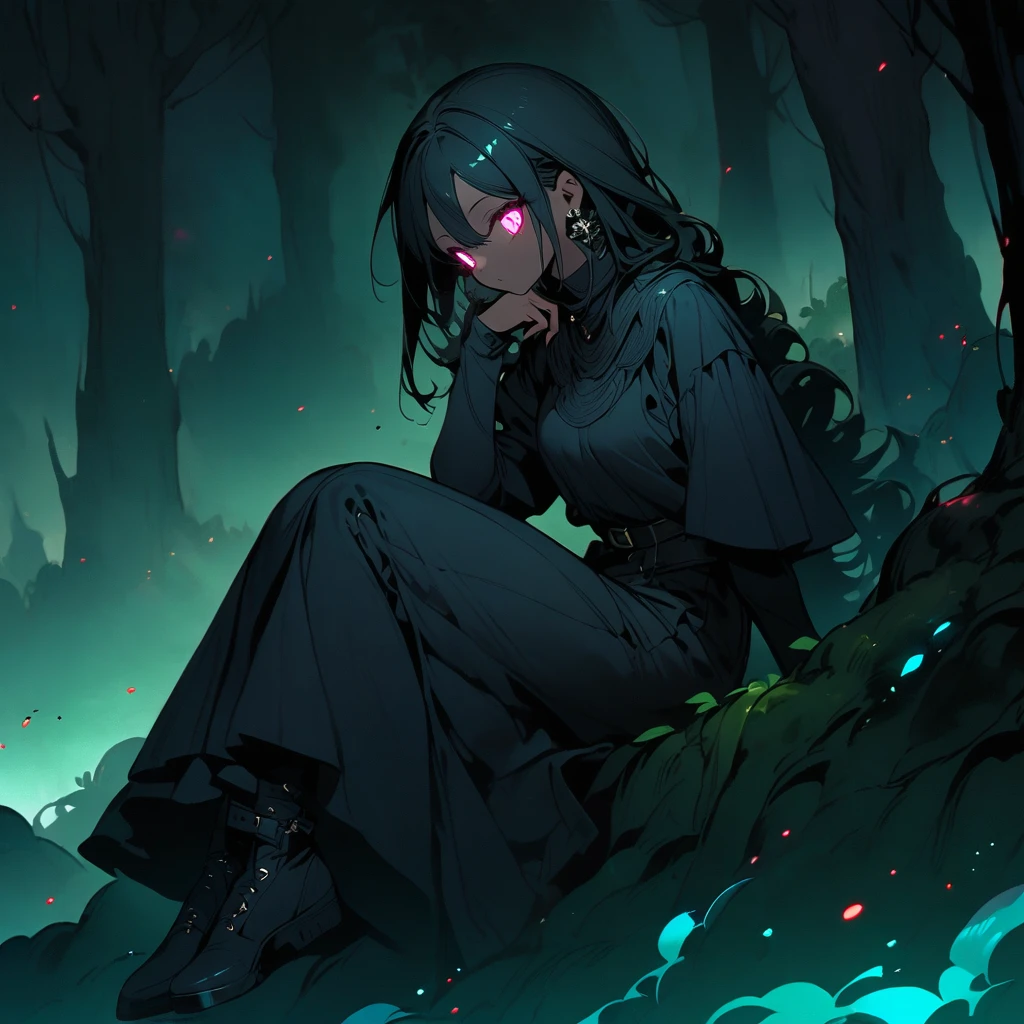 (well done:1)woman, completely dark skin, black spirals all over her body, long straight black hair, black cross earrings, completely white glowing eyes, black long-sleeved t-shirt with white spirals, black pants, black shoes. sitting on a rock in a forest