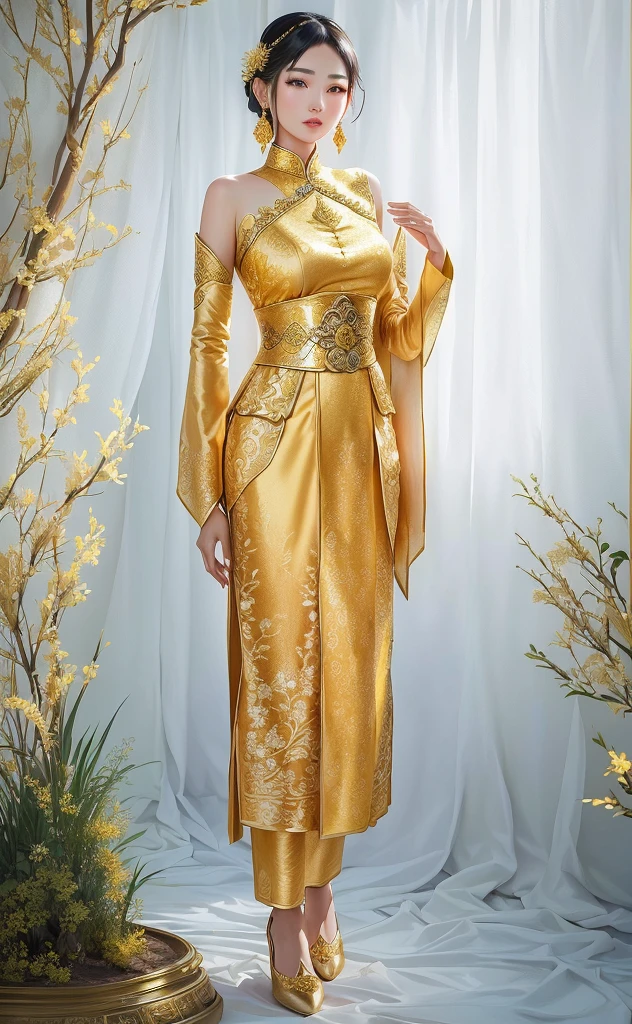 arafed woman in a golden dress standing in front of a white backdrop, sukhothai costume, in style of thawan duchanee, draped in silky gold, inspired by Tang Di, draped in gold, idian dress, gold clothes, intricate silk clothing, golden robes, intricate outfit, ao dai, cheongsam, inspired by Jin Nong