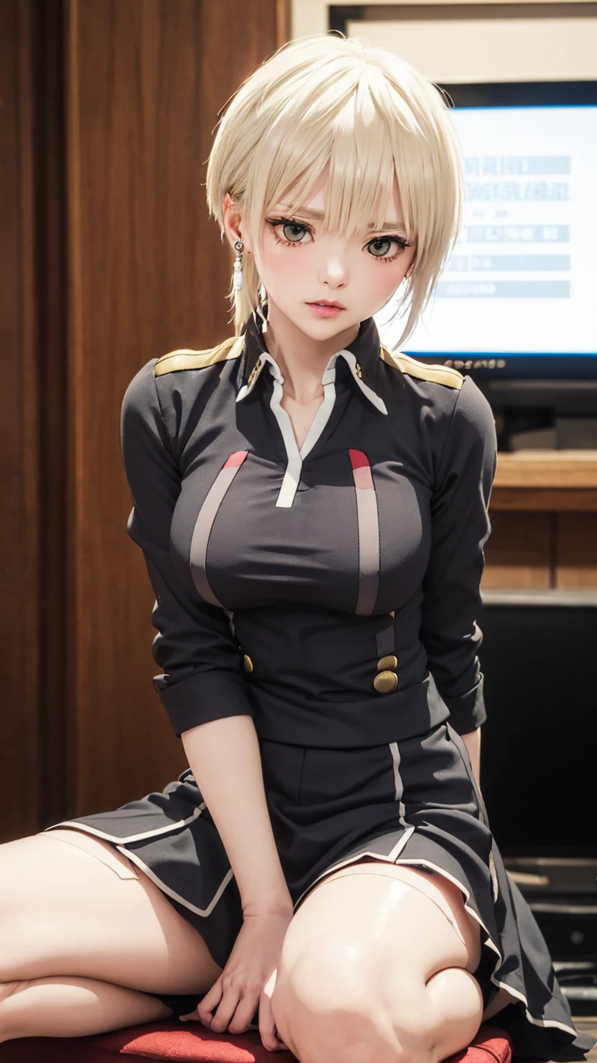 (masterpiece: 1.3), (Maximum resolution: 1.2), (Ultra HD TV: 1.2), Cinematic Light, 8K resolution, Detailed facial features , (Sharp focus: 1.2）,Perfect Style, Beautiful Face, Acura, Anatomically correct, Highly detailed face and skin quality感, Beautiful Eyes,ThroughｋBright Eyes,  Natural Cheeks, Glowing Skin,  (Glossy Lips: 1.4),、 (A shameful expression: 1.2),Highly detailed face and skin quality, Natural Cheeks, , Glossy Lips,Exposed cleavage、（White mucus on chest:1.6）（White mucus on thighs:1.6）、 blush、Humiliating、shame、Please open your knees、dissatisfaction、anger、tears、sorrow、Glaring at the camera、Spread your legs、、Sparkly little earrings and necklace、Disheveled clothes、stockings、Drenched in sweat、stockings 、Long Hair、32 years old, Clean woman,1 person、 first class cabin、Sit on a chair、blonde、Blonde、Blue-gray eyes、Green-gray eyes,(Skirted military uniform:1.4)、scarf、dissatisfaction、Masturbate、Nipple exposure、Soft Breasts、Spread your legs and straddle