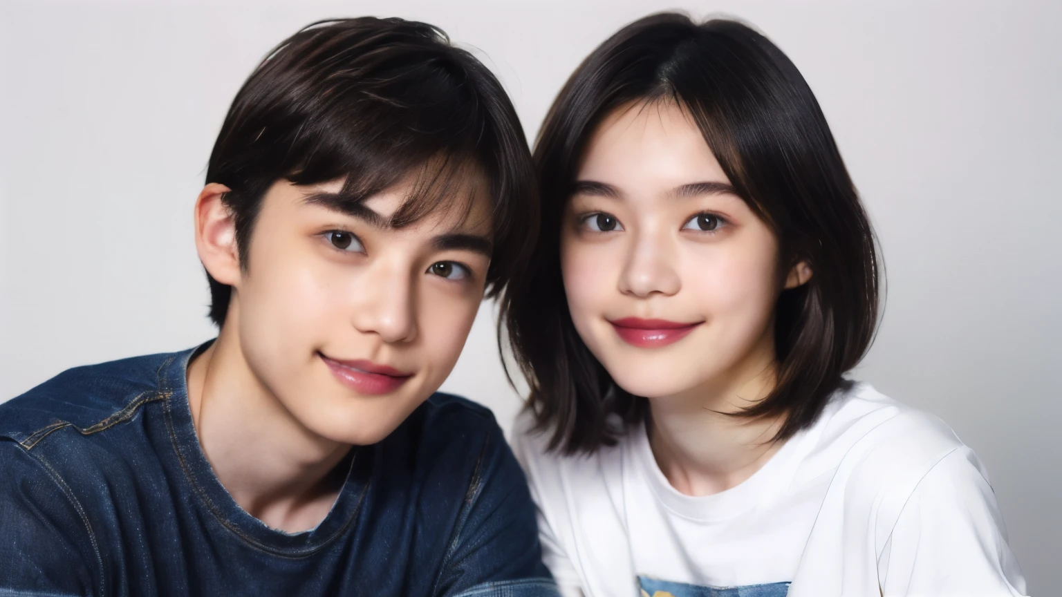249 (An 18-year-old female and an 18-year-old male), (short hair),kind, lipstick, (Jeans andＴshirt), smile