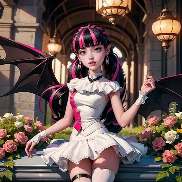 ((high quality)), ((Work of art)), (more detail), 1girl, succubus, centered, a girl with a bat wings, award winning upper body portrait, cowboy shot, Draculaura_MH, solo, black half hair, pink half hair, multicolored hair, long hair, wave hair, braided hair, chinese hairpin, white shirt, white skirt, pink knee boots, smiling, gothic style, cemetery scenery, gold lanterns, white roses, depth of field, cinematic composition, half black hair, half soft pink hair, wave hair, seat close to a coffin, white roses, smile, vampire fangs, gothic dress, bat wings, white dress, white dress with transparency, pink laces, white gloves, white high socks, pink high hills boots, bat jewelry, jewelry, grass, white roses on focus, Draculaura_(monster high), Monster High, looking at the viewer, more details on the clothes, petals in the air