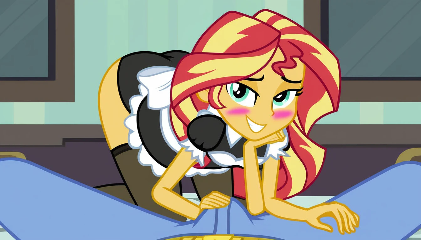 upskirt, duo focus, equestria girls, blushing, sunset shimmer, vagina in panties, smiling, butt, clothes, maid, panties, big butt, underwear, sunbutt, show accurate, vector, male pov, tenting, crotch bulge, erection in pants, offscreen male character