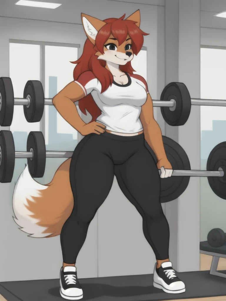Furry, fox, female, white shirt, black leggings, shoes, gym, teen, standing, full body