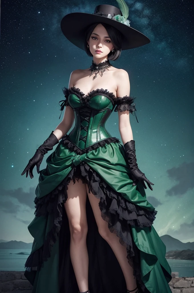 Alexandra, a young attractive woman wearing a dress like gothic costume, elaborate skirts, tight corset and lace details. Accessories include a wide-brimmed hat adorned with feathers and flowers, plus gloves and high-heeled shoes on her feet. The character has short hair, dark green, with some strands, with one side tucked behind the ear to reveal an earring. The expression is calm and composed, with piercing crystal green eyes. the background should feature a night sky with stars and a large moon in the sky, anime style illustration complete with the character's entire body.