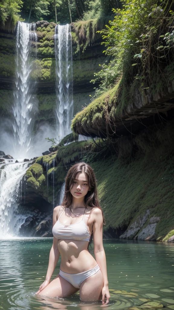 Beautiful girl, 20 year, posing for a photo in a lake formed by a waterfall. She's coming out of the lake water, smiling for the photo. She is dressed in a short dress that is completely wet., letting your beautiful body show.