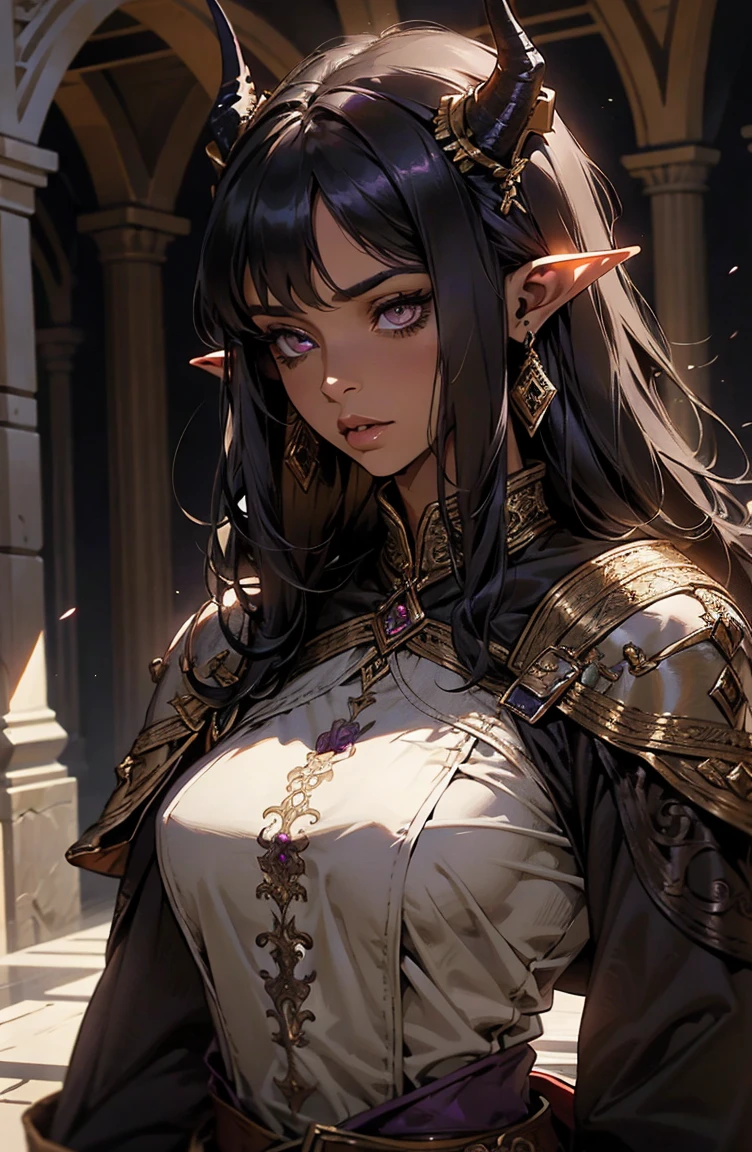 brown skin, older woman, sexy, tall, brown skin, one dragon wing, black hair, elf, elf ears, horns, dark clothing, purple clothing