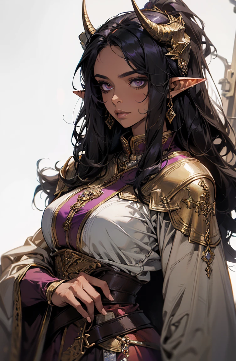 brown skin, older woman, sexy, tall, brown skin, one dragon wing, black hair, elf, elf ears, horns, dark clothing, purple clothing