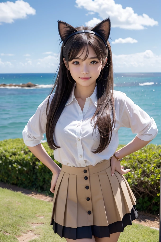 (masterpiece), (Highest quality), (High resolution),Realistic skin texture, Perfect Face, Realistic, Perfect hands, Perfect finger count, Japanese, Girl, (20-year-old), Big Eyes, Brown eyes, Brown Hair, bangs, Twin tails, Small face, smile, ((Realistic cat ears, Button-down shirt with ruffled cuffs, Mini Pleated Skirt, stockings)), Are standing, Cute pose, On a hill overlooking the sea, Blue sky and clouds