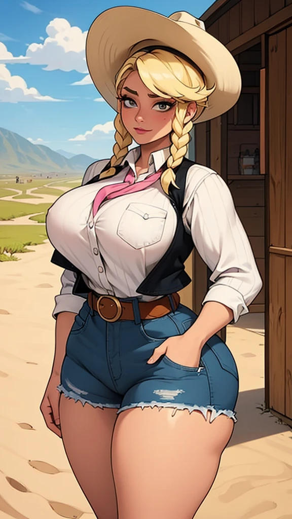 Woman sheriff, wild west, curvy, cowboy hat, blonde braids hair, pink skin, parts, shorts jeans, White shirt, Cowboy vest, texan buckle, Cowboy boots, stir in both hands, village scene in the desert