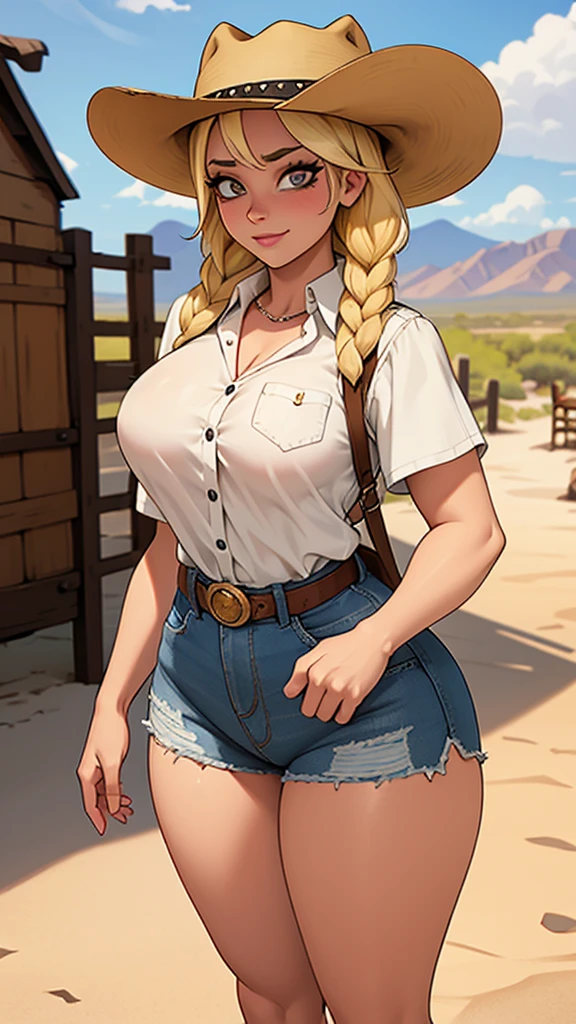 Woman sheriff, wild west, curvy, cowboy hat, blonde braids hair, pink skin, parts, shorts jeans, White shirt, Cowboy vest, texan buckle, Cowboy boots, stir in both hands, village scene in the desert