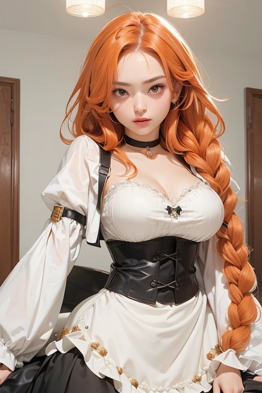 1 Girl, Malika, Orange Hair, Very Long Braided Side Locks, #5: Parted Bangs, Single French Braid Shiny Hair, Hairpin, Brown eyes, Large Breasts, Ahog, cleveage, Necklace Skindantation Blush +++ :D Heart-shaped pupil , (Long black model skirt) (Long black model_maid) (Puffy long sleeves) White waist apron with ruffled white shirt, Double-breasted,Lower Bust, Ultimate quality, ultimate details, illustration, Cute anime face(((Full and soft breasts,)))(((Huge breasts))) (((Cleavage)))