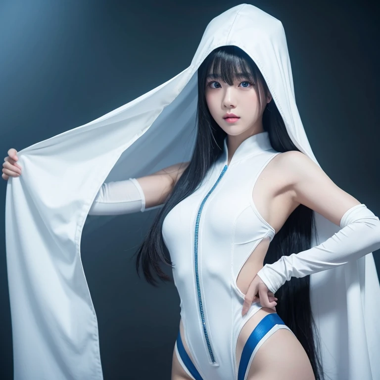 Korean girl, white long hair with bangs, icy blue eyes, white skin, white skimpy ninja suit, video game style, mortal kombat style