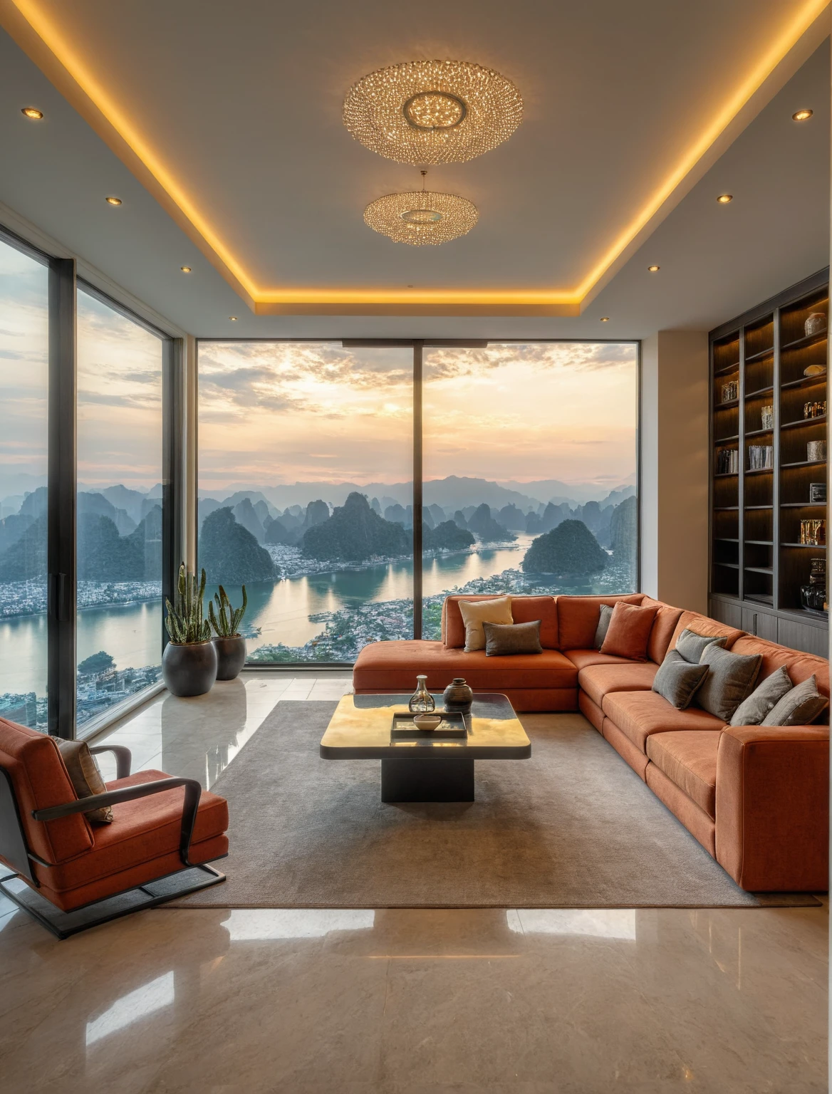 Raw photo,Masterpiece, high quality, best quality, authentic, super detail, interior, livingroom style modern luxury, sunset, day light, sofa, tea table, carpet, flower vase on tea table, wine bottle, tray, armchair, wine cabinet, books, glass cabinet doors, snake plant pot, halong bay view window, downlight, chandelier