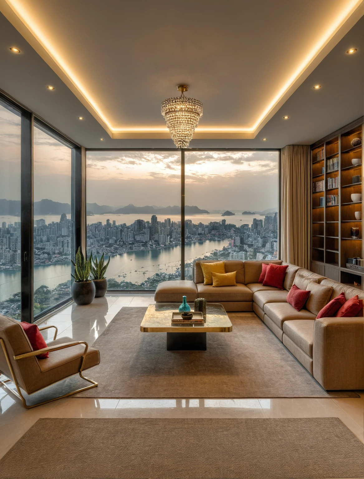 Raw photo,Masterpiece, high quality, best quality, authentic, super detail, interior, livingroom style modern luxury, sunset, day light, sofa, tea table, carpet, flower vase on tea table, wine bottle, tray, armchair, wine cabinet, books, glass cabinet doors, snake plant pot, halong bay view window, downlight, chandelier