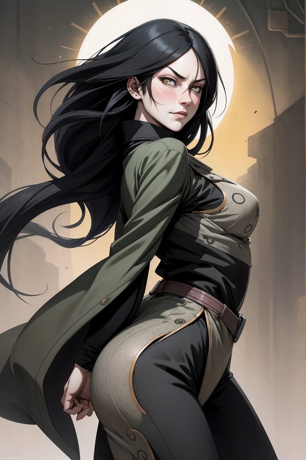 {-erro_de_anatomia:1.0} estilo anime, Masterpiece, absurdities, Orochimaru\(Naruto\), 1girl Solo, Mature woman, Oversized shirt with broad shoulders, Perfect composition, Detailed lips, large breasts, Beautiful face, body proportion, Blush, Long black hair, ( black hair), yellow eyes, (sexy), Soft gauze, Super realistic, Detailed, photo shoot, Realistic faces and bodies, masterpiece, best quality, best illustration, hyper detailed, 1 girl, solo, glamorous, blushing, whole body, fighting, on nature, backwards, looking back, dimanic poses