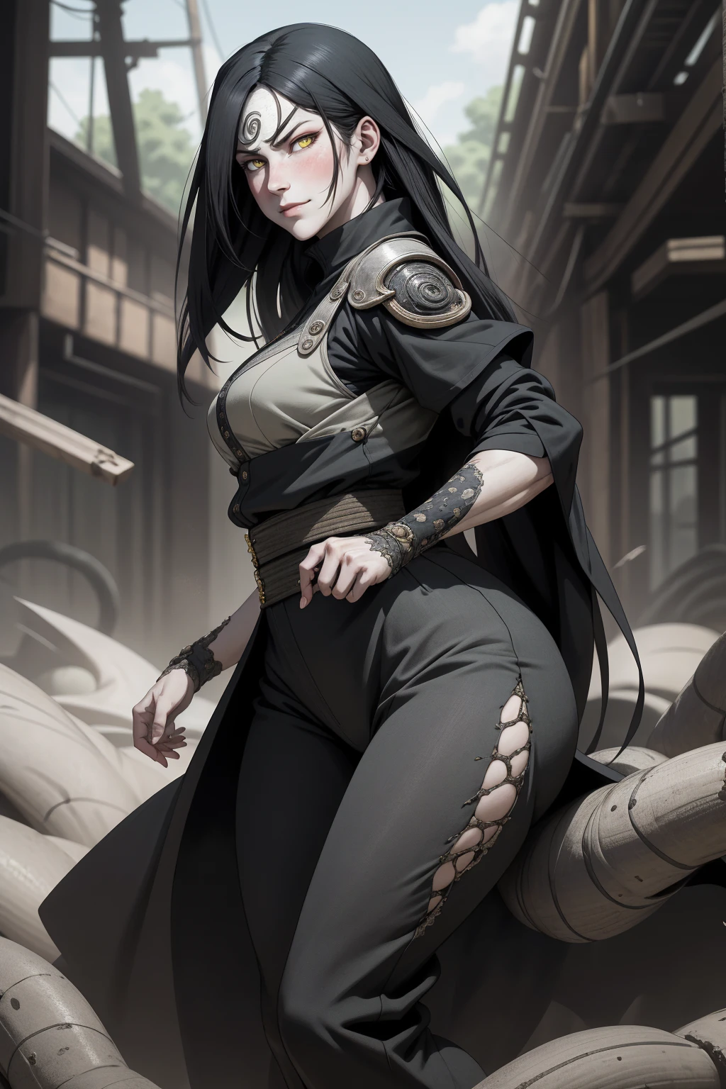 {-erro_de_anatomia:1.0} estilo anime, Masterpiece, absurdities, Orochimaru\(Naruto\), 1girl Solo, Mature woman, Oversized shirt with broad shoulders, Perfect composition, Detailed lips, large breasts, Beautiful face, body proportion, Blush, Long black hair, ( black hair), yellow eyes, (sexy), Soft gauze, Super realistic, Detailed, photo shoot, Realistic faces and bodies, masterpiece, best quality, best illustration, hyper detailed, 1 girl, solo, glamorous, blushing, whole body, fighting, on nature, backwards, looking back, dimanic poses
