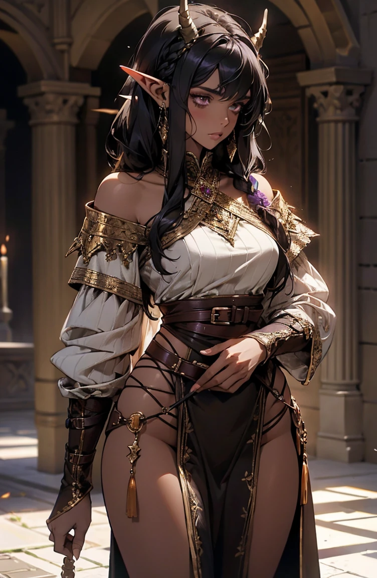 brown skin, older woman, sexy, tall, brown skin, one wing, black hair, elf, elf ears, horns, dark clothing, purple clothing
