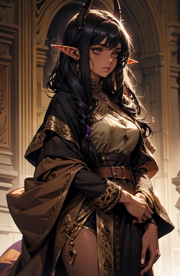 brown skin, older woman, sexy, tall, brown skin, one wing, black hair, elf, elf ears, horns, dark clothing, purple clothing