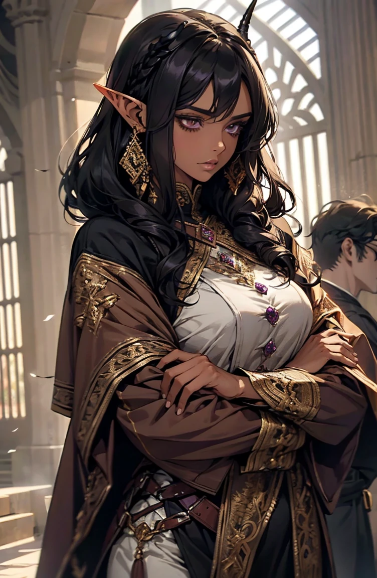 brown skin, older woman, sexy, tall, brown skin, one wing, black hair, elf, elf ears, horns, dark clothing, purple clothing