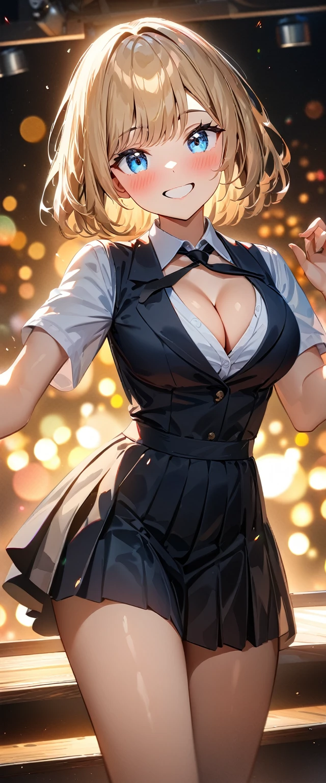 (((One girl))), blond hair, bob cut, (cowboy shot), (looking at viewer), face in focus, breasts, ager, head tilt:1.3, (((blue eye))), ((happy smile)), ((blush)), school summer uniform, white shirts, ((black tie)), black skirt, dynamic pose, ((cleavage)), anime style, (best quality, 4k, 8k, highres, masterpiece:1.2, ultra-detailed, ultra-detailed eyes, HDR, UHD, studio lighting, ultra-fine painting, sharp focus, physically-based rendering, extreme detail description, professional, vivid colors, bokeh)