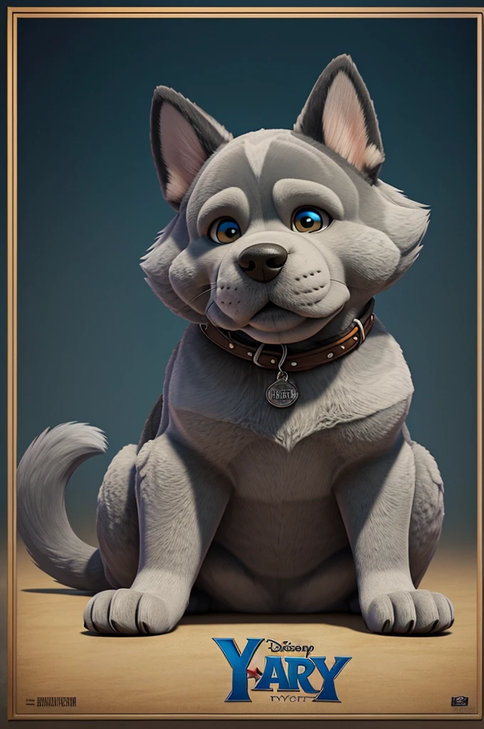 Disney pixar type poster with title that says max dog color gray with big fur and lss crouched ears
