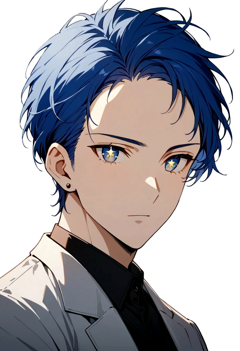 whole body、Character portrait、male、masterpiece、Handsome、uncle、The forehead is visible、30 years old、Blue Hair、Long earrings、Worn suit、Jacket、Give bangs、Showing his forehead、Handsome、Intricately drawn eyes、good looking、Plain white background、Starry Ski、White background、whole body、Character portrait