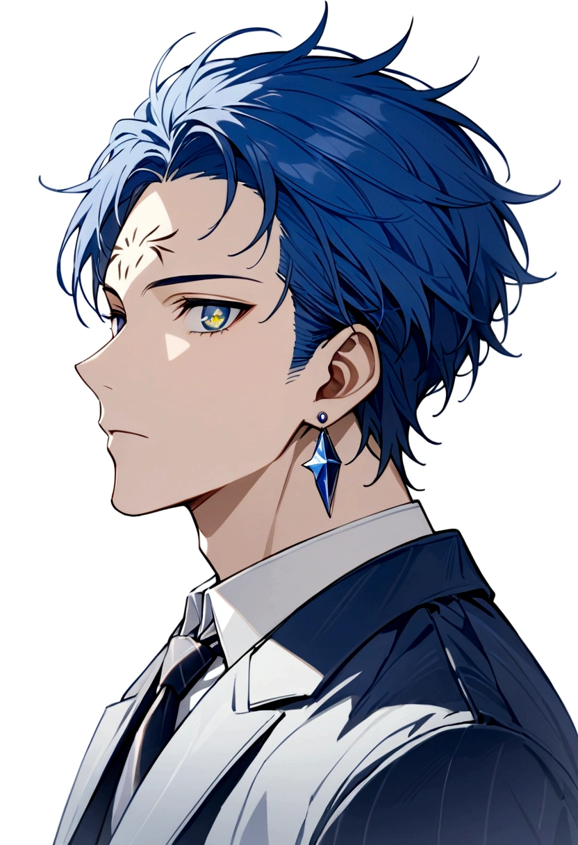 whole body、Character portrait、male、masterpiece、Handsome、uncle、The forehead is visible、30 years old、Blue Hair、Long earrings、Worn suit、Jacket、Give bangs、Showing his forehead、Handsome、Intricately drawn eyes、good looking、Plain white background、Starry Ski、White background、whole body、Character portrait