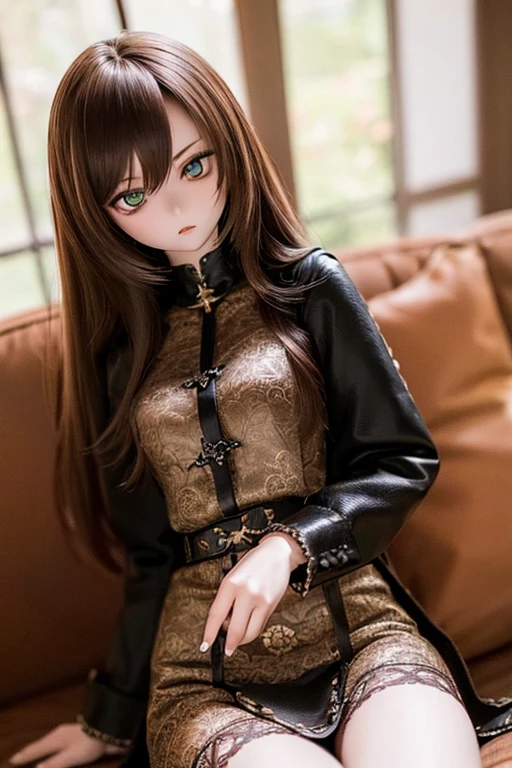 photorealistic, realistic photo, ((highest quality)), ((masterpiece)), kukolnydom, doll, (mature woman:1.6), solo, ((cowboy shot, sitting on sofa, reclining on sofa, skinny, slender, slim, brown hair, parted lips)), detailed face, green eyes, (looking down, eyes out of focus, emotionless eyes, blank stare, empty eyes, detailed eyes:1.3), castle, 8k