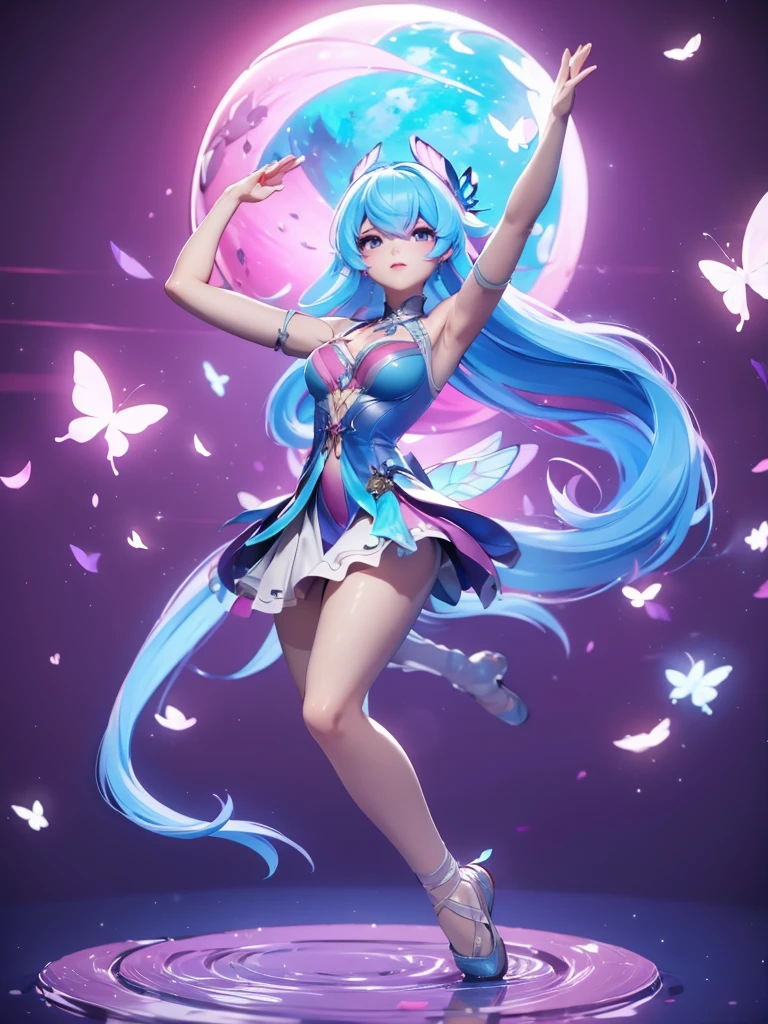 Seizo Watase style, Simple Line Initialism,Abstract art, 3d character, colorful hearts ,(((The most beautiful girl of all time))), (full body 1.2), only girl, long hair, bufferfly and sky background, 25 year old, full body, (((8k))), (((3d)), blue and pink hair, Large butterfly wings on the back, moon, ballet dance, one hand raised above