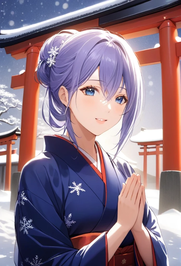 (masterpiece, best quality:1.2), (high resolution, 8K RAW photo, photo realistics, clear focus), (natural lighting, textile shading), pov, solo, face focus, 1 matured woman, 28 years old, (milf:1.5), raised sexy, New Year's visit, put your hand together, praying for happiness, happy full smile, light Purple hair, medium long hair, hair over one eye, asymmetric hair, half updo hair, blue eyes, japanese clothes, kimono, at ZEN garden in Japanese temple, in front of torii gate, in winter, snowy ground with fallen snow, snowflakes, depth of field, bokeh, dynamic angle, from side above, (correct anatomy, ideal ratio of body proportions), in a night, under starry sky, Minamoto no raikou,