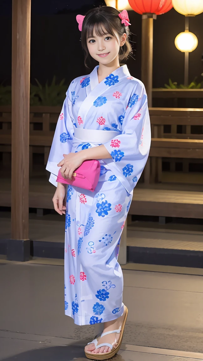 Wearing clogs、Full Body、Beautiful yukata girl、 The background is a rural night Bon Odori dance、Hello Kitty patterned yukata