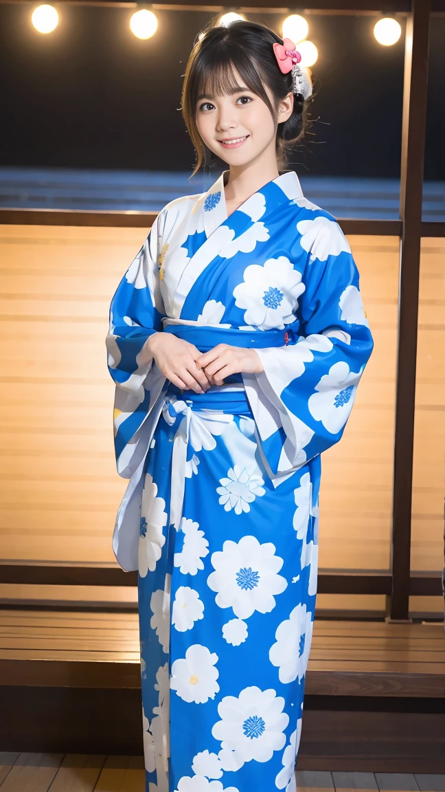 Wearing clogs、Full Body、Beautiful yukata girl、 The background is a rural night Bon Odori dance、Hello Kitty patterned yukata
