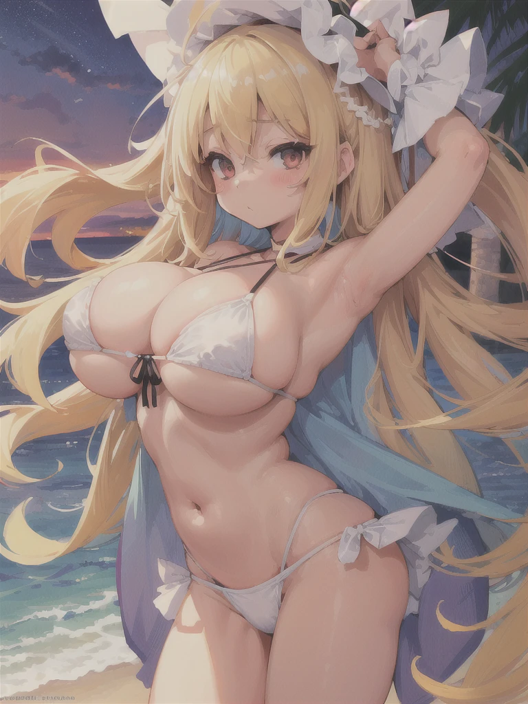 master piece,detailed,(((best quality))), (((loli))),((cute)), (petite),(((1girl))),blond hair,(((big breasts))),outdoor,night,(white bikini),beach,sunset,胸を寄せる,手を膝に