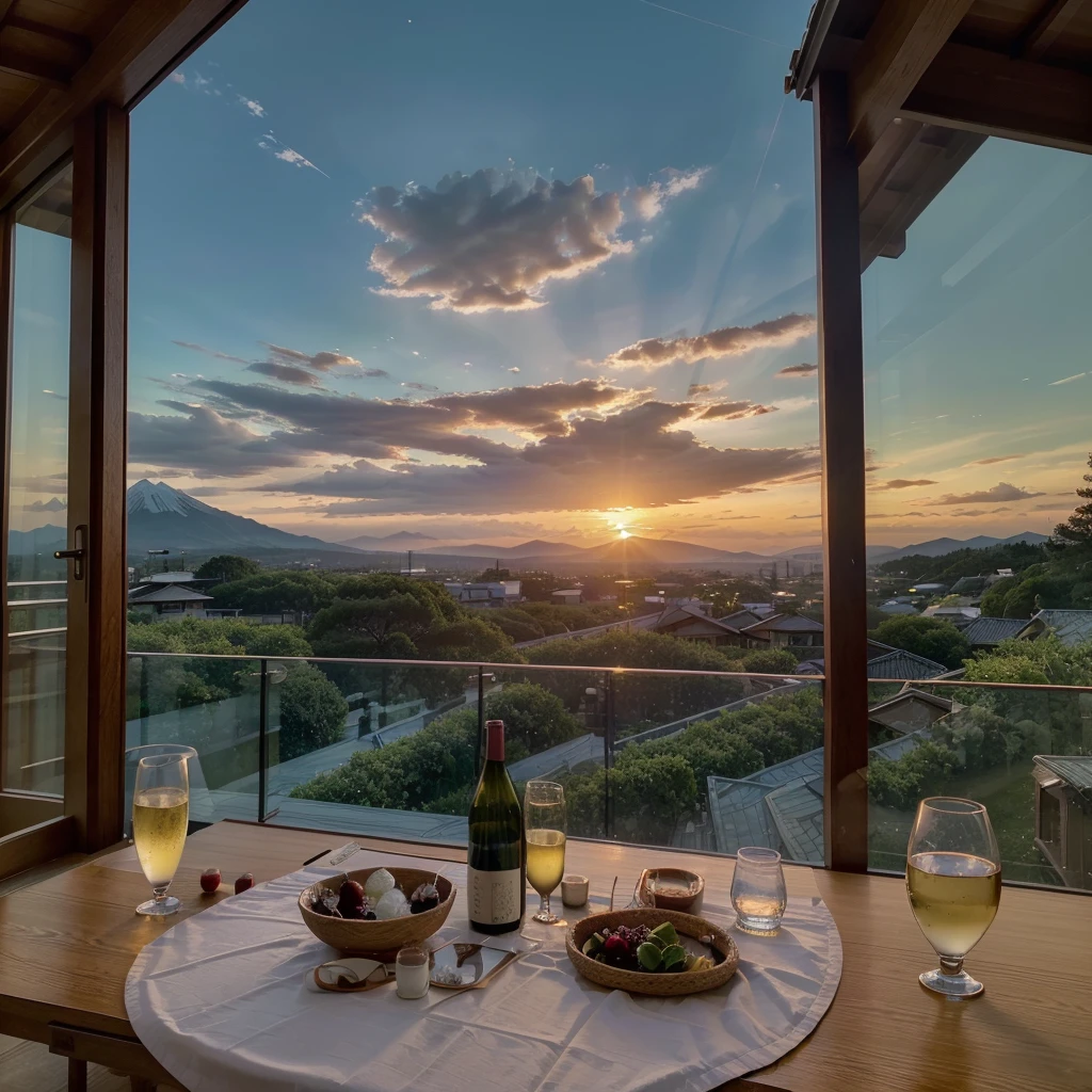 (including k, nffsw, highest quality, table top: 1.2), (realistic, realistic: 1.37), Spectacular view of the sunset sky and clouds、Amazing mountain views、White wine、Japanese sake、Sake Glass、wine glass、、sparkling wine