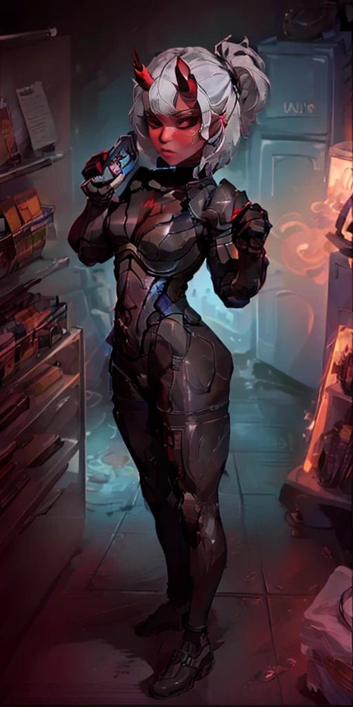 score_5_up, (1girl), ((short white hair)), ((bangs slicked back:1.3)), (black sclera:1.3), red eyes, red background, muscular female, ((bandaged arm)), ((bandaged leg)), ((black micro thong)), black sport bra, (red bead around neck), (single horn), looking at viewer, clenched teeth, standing on one leg,teep fighting stance,martial arts
