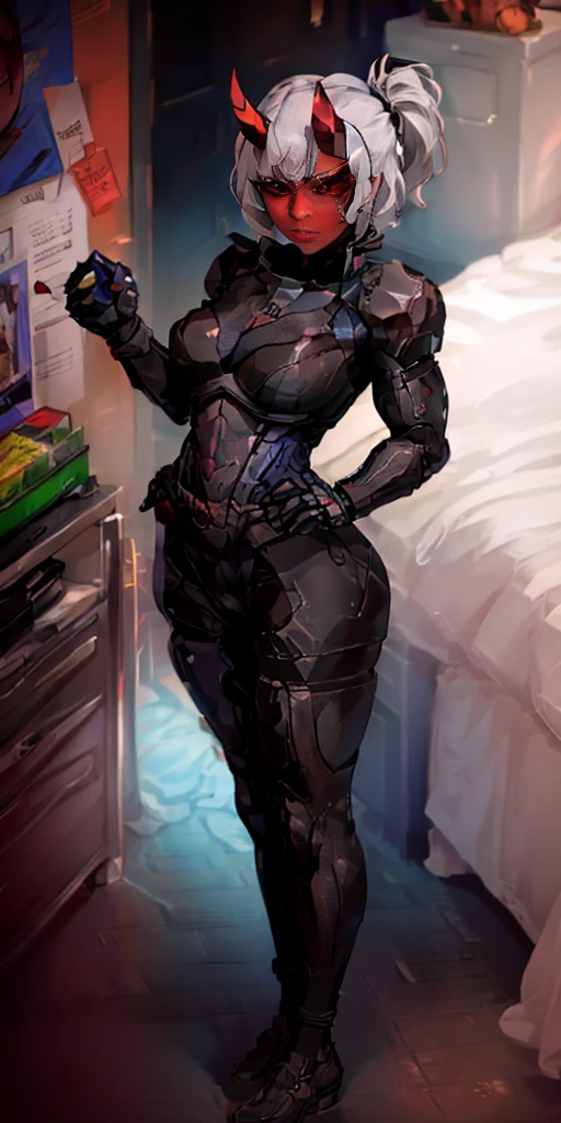 score_5_up, (1girl), ((short white hair)), ((bangs slicked back:1.3)), (black sclera:1.3), red eyes, red background, muscular female, ((bandaged arm)), ((bandaged leg)), ((black micro thong)), black sport bra, (red bead around neck), (single horn), looking at viewer, clenched teeth, standing on one leg,teep fighting stance,martial arts