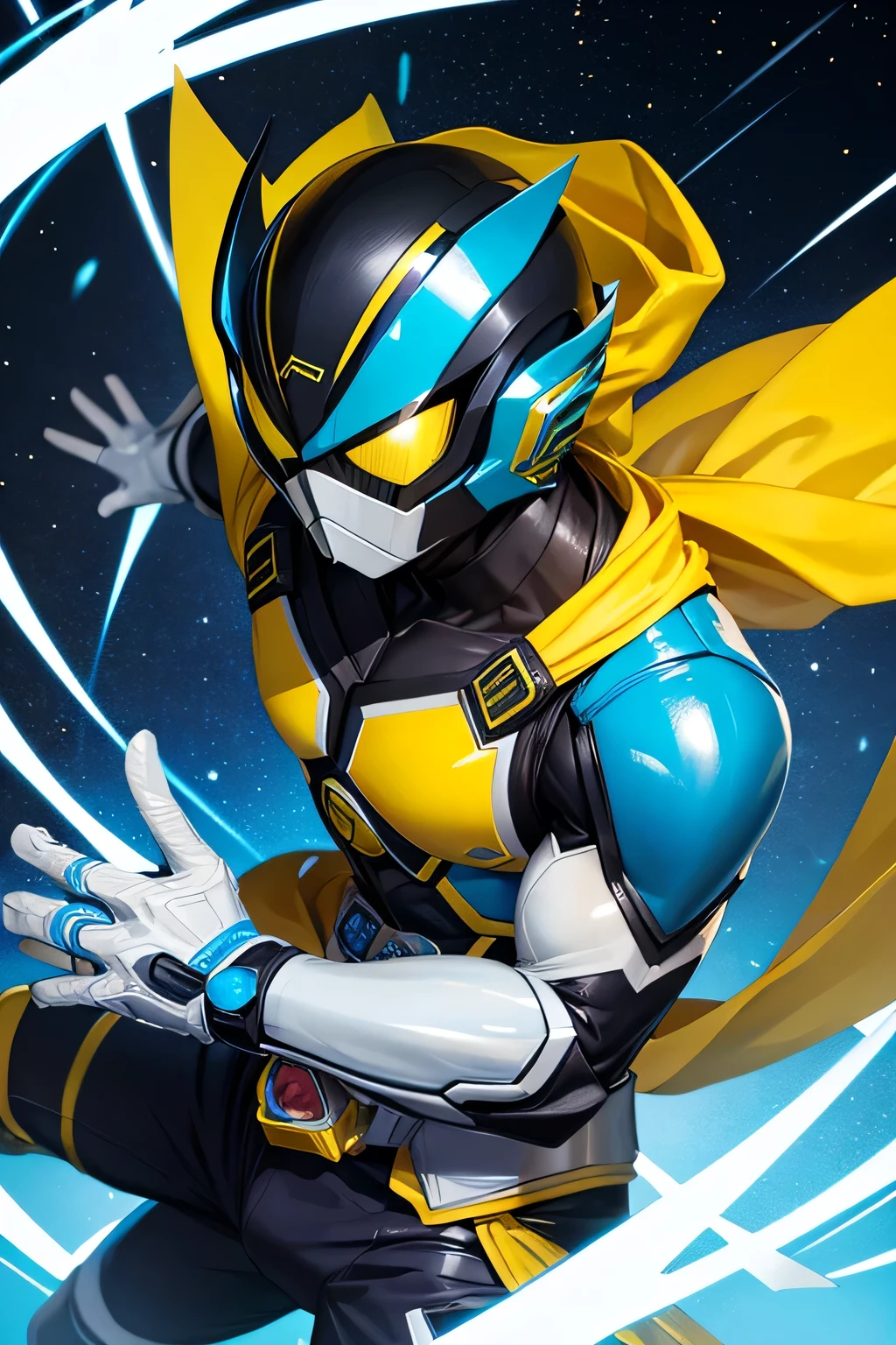 Kamen Rider, Tokusatsu, Capoeira Pose, Blue and Yellow armor, white scarf