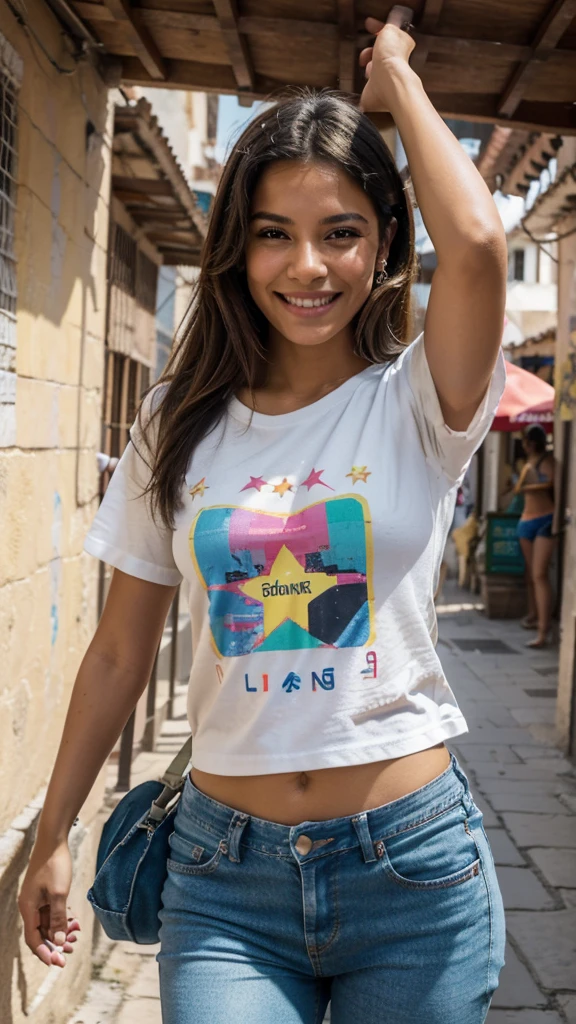 ((Open plan)) on a street in Cartagena, in which a Colombian woman is seen dressed casually, as a tourist in a t-shirt and jeans, dancing (cheerful, smiling) in front of the camera as if recording a tik tok video . UHD, general plane 50mm lens. many people behind (( Head to toe image))
