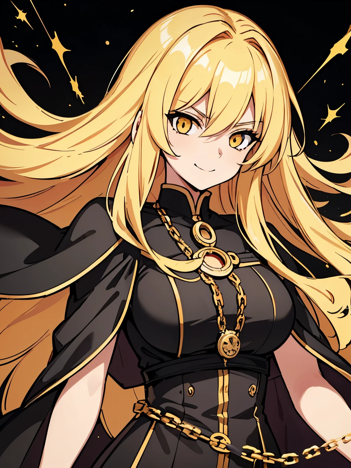 upper body, 1woman, Yellow hair, Long Haired, Golden eyes, (Gambler), Black Long Cape, Black Tunic, Gold coin necklace, big breats, wallpaper, Chain background, light particles, (masterpiece), best quality, closed-mouth, smile, Prideful expression