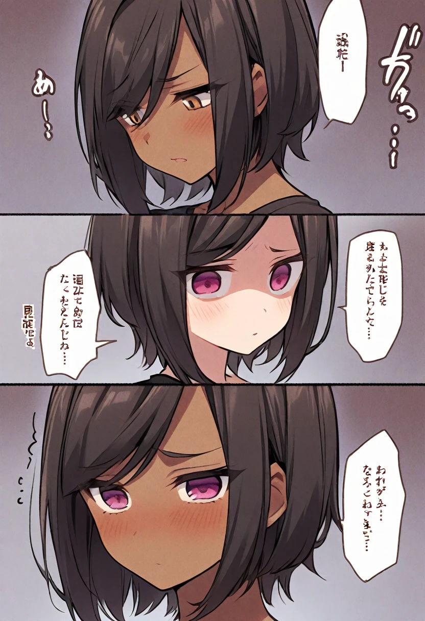Dark-skinned girl,Shy, shy,Medusa style,short hair,黑色short hair,Natural expression,one person,comics