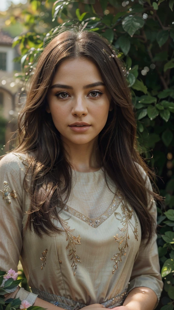 a beautiful woman, detailed face, beautiful detailed eyes, beautiful detailed lips, extremely detailed face and eyes, longeyelashes, 1 girl, elegant dress, flowing hair, serene expression, beautiful garden, lush foliage, colorful flowers, warm sunlight, golden hour lighting, cinematic composition, dramatic lighting, vibrant colors, photorealistic, highly detailed, (best quality,4k,8k,highres,masterpiece:1.2),ultra-detailed,(realistic,photorealistic,photo-realistic:1.37),HDR,UHD,studio lighting,ultra-fine painting,sharp focus,physically-based rendering,extreme detail description,professional,vivid colors,bokeh,portrait