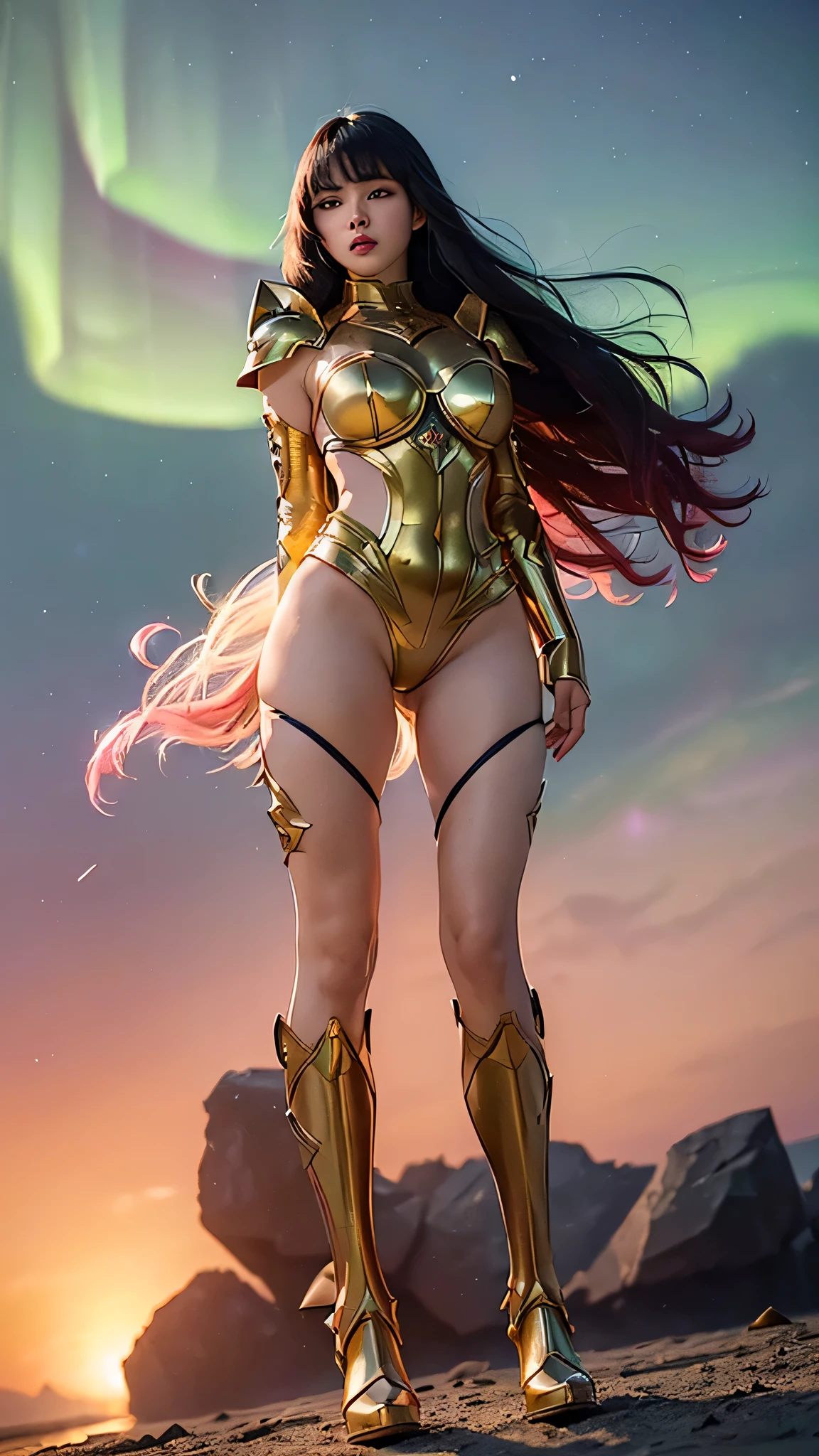 (((best quality)), ((masterpiece)), (ultra detailed), full body shot, indonesian girl, extremely beautiful, 20 years old, green curvy hair, ((hair blown by strong winds :1.3)), Award-winning photograph, photography of a  girl, slim face, extremely beautiful, ultra details armor, ultra details skin, sharp armor texture, crisp picture, ((full make ups)), ((pink blushing)), ((red lips)), ((wearing tight steel-armor)), full body steel -armor, ((tight latex panty)), ((thighs armor)), ((slim body shape)), ((gold and black armor)), no head cover, ((symmetrical body pose)), model posing in the middle, epic backlights, night at beach, full of stars, orange clouds, nebula, ((aurora Borealis)), shooting stars, from belowl