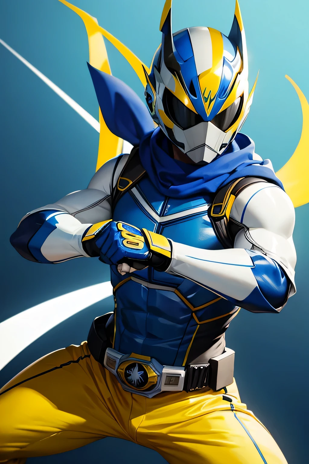 Kamen Rider, Tokusatsu, Capoeira Pose, Blue and Yellow armor, white scarf