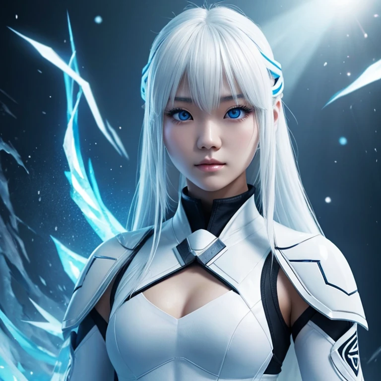 Korean girl, white long hair with bangs, icy blue eyes, white skin, white skimpy ninja suit, video game style, mortal kombat style