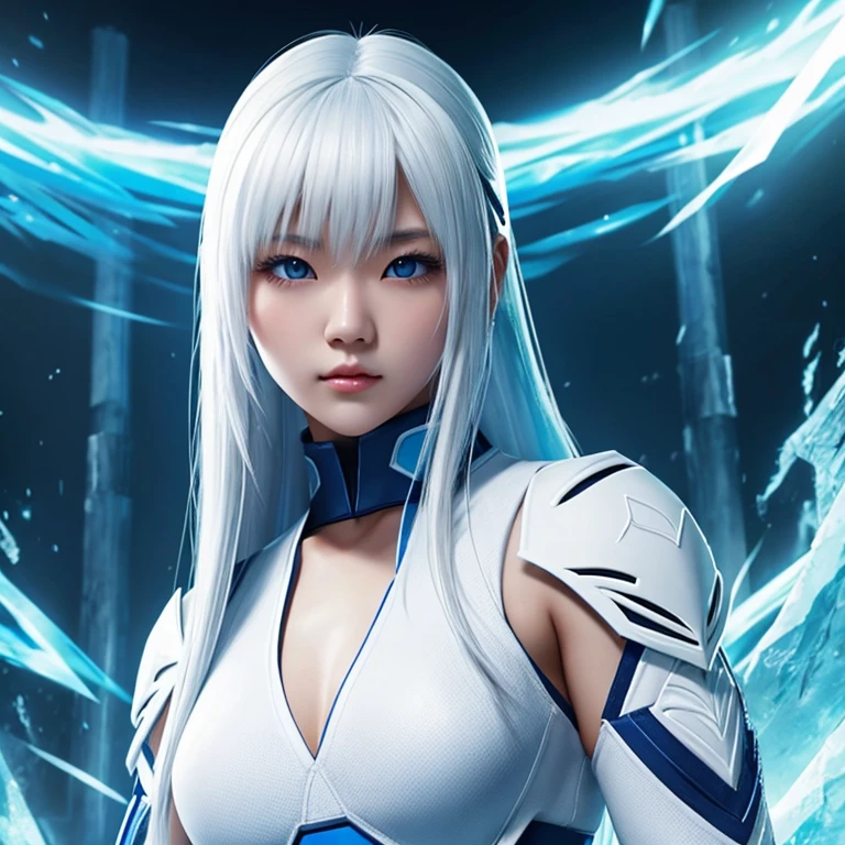 Korean girl, white long hair with bangs, icy blue eyes, white skin, white skimpy ninja suit, video game style, mortal kombat style