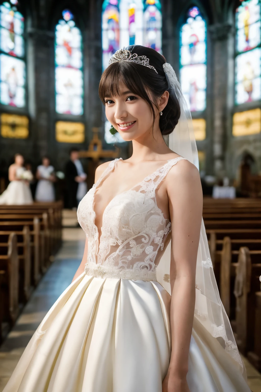 The interior of a wooden chest drawer with two steel handles and an additional wooden drawer panel on the side. 1girl, masterpiece, highres, sonicedges_rias_gremory, ((wedding dress, church, bridal veil, wedding, bouquet))