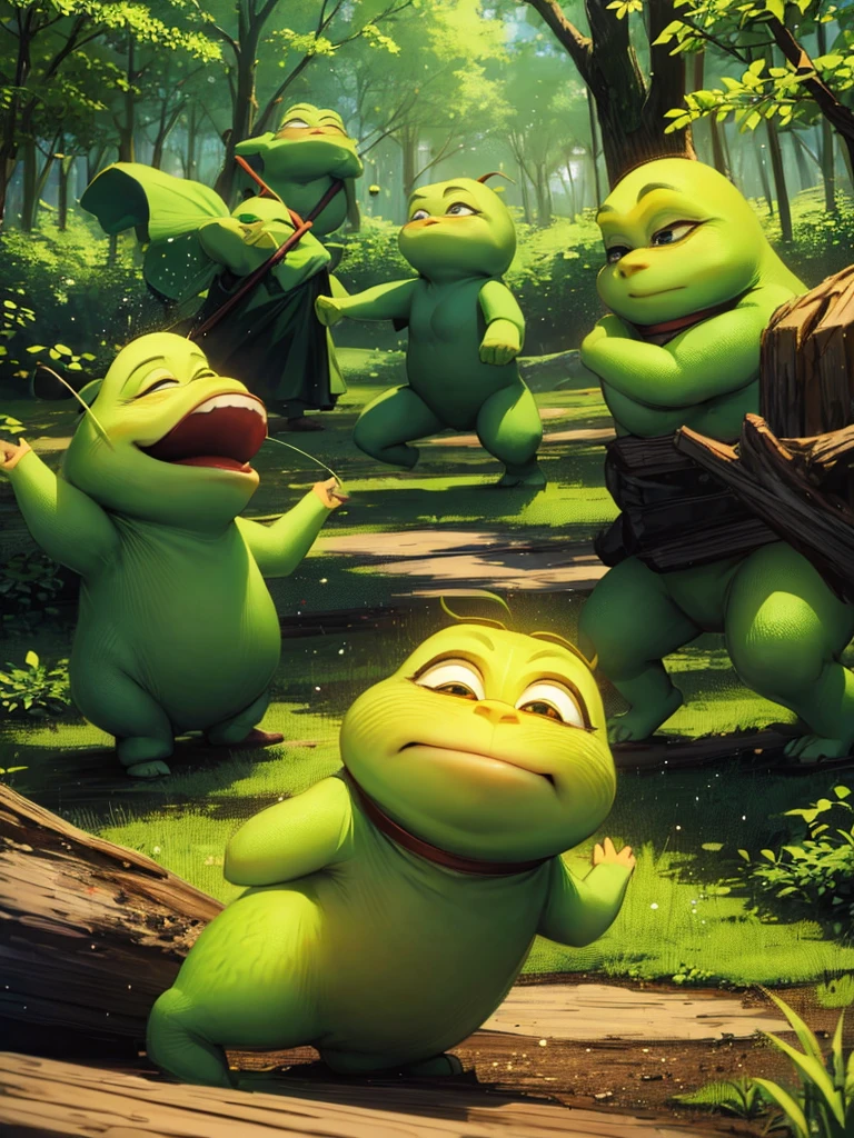 multiple shreks fighting in the forest