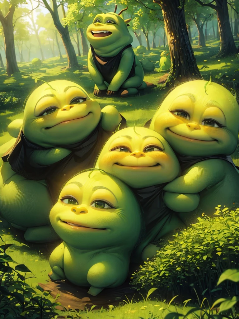 multiple shreks fighting in the forest