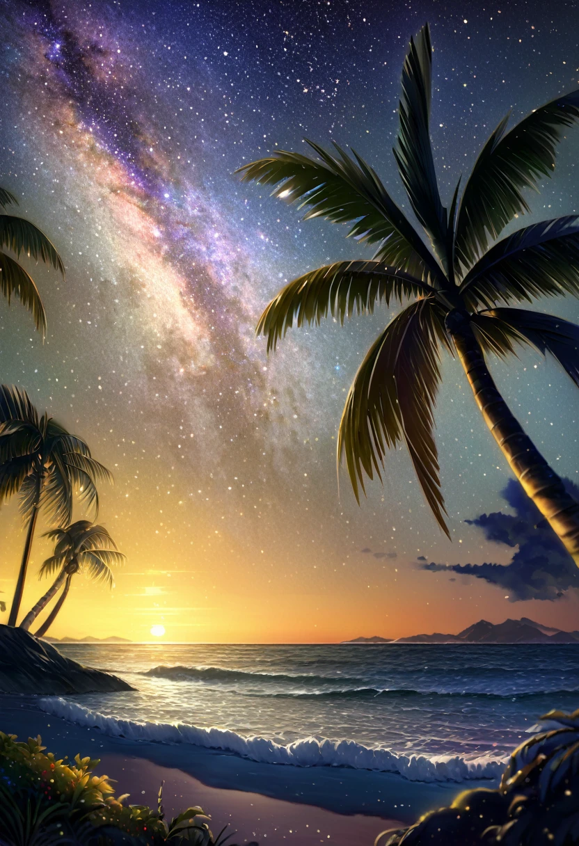 Tropical coast, Starry Night,Palm tree,milky way,Blur the background,Pleasant sea breeze,Glitter effect,Highest quality, 8K, High resolution, masterpiece:1.2, Very detailed, Realistic:1.37, High resolution, 超High resolution, Ultra-fine painting, Very detailed, Professional, Vibrant colors