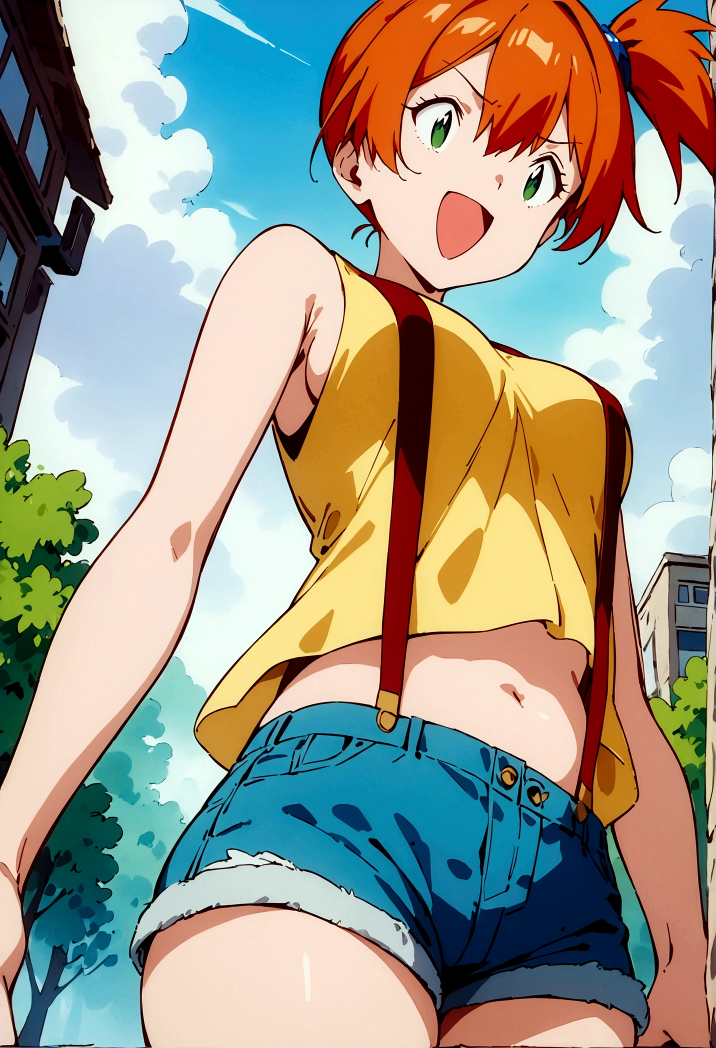 score_9,score_8, score_7_.superior,from below, (Low angle shot), (Insect's Eye).walking, masterpiece,bestquality, Highest quality, (mature), (have confidence, A character with a playful expression), , (outcome), One girl, , Foggy, alone, Outdoor, Green Eyes, Orange Hair, Side Ponytail, Yellow Shirt, Sleeveless shirt,belly button, Denim shorts, suspenders, (A playful and mischievous look, Captivating look, Seductive expressions),under_boob,superfineillustration,(ai-generated:0.5),absurdres,